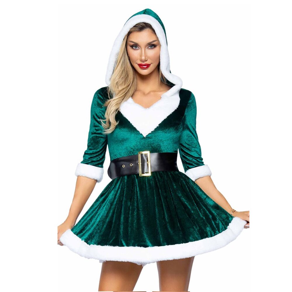 Mrs Claus Costume, Velvet Hooded Dress with Oversized Santa Belt